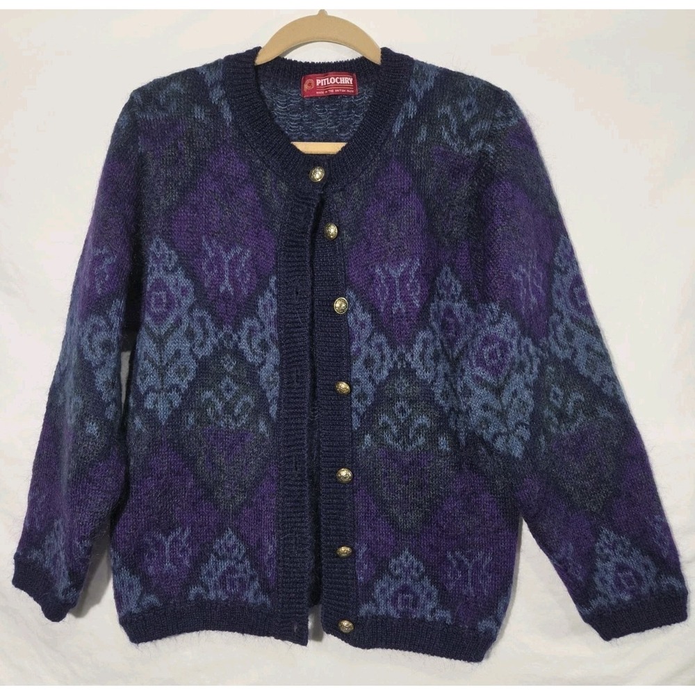Pitlochry Mohair Blend Cardigan Sweater Faire Isle Knit Womens Small Purple Blue